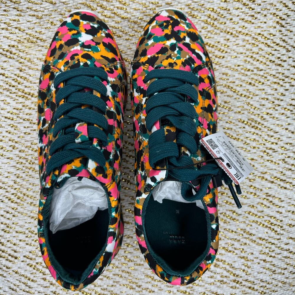 Zara Leopard 35 Multicolor Satin Sneakers- size US6 NWT and in Bag - Picture 2 of 9